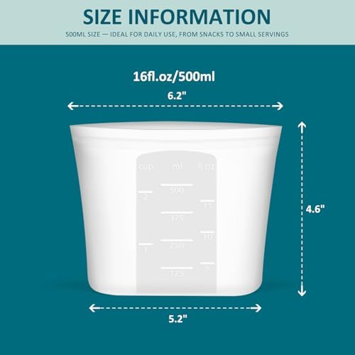 XS Reusable Silicone Food Storage Bags 4 Pack, 16fl oz/500ml, 100% Silicone Stand-Up Wide-Open Zip-Lock Reusable Bags for Small Items, Microwave Freezer Oven Dishwasher Safe, Translucent - Image 6