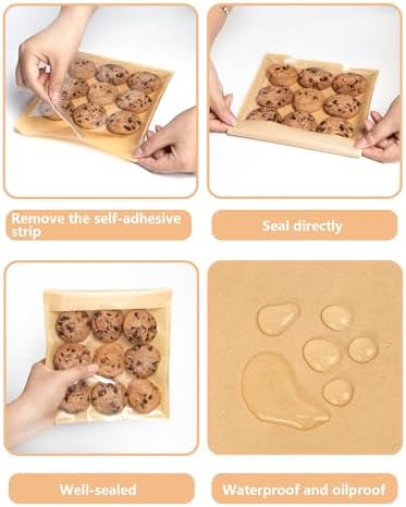 100 Self Sealing Sandwich Bags with Window, Paper Cookie Bags with Seal, Grease Resistant To Go Bakery Sleeves for Packaging Bagels, Donuts, Scone, Brownie, Small Pastries and other Treats - Image 6