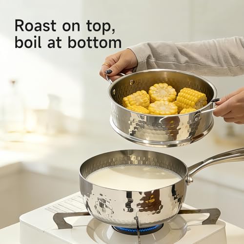 2.5 QT Tri-Ply Stainless Steel Hammered Saucepan with Steamer visible Lid and Pour Spout Japanese Milk Pot for Cooking Milk Noodle Pasta Soup Vegetable Induction Compatible Dishwasher Safe - Image 6