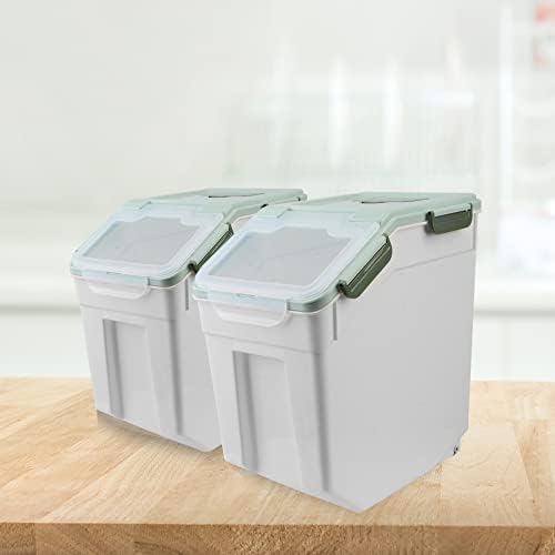 AnRui Airtight Flour Storage Container 25lb, Plastic Grain Storage Bucket, Rice Cereal Dispenser Organizer Box with Lid, Cat Dog Food Storage Bin with Measuring Cup, Scoop, Wheels, 2Pcs Green - Image 6