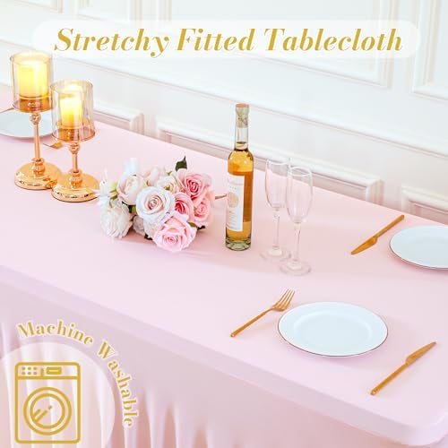 gogoparti 4 Pack Spandex Pink Fitted Table Cloth for 8ft Rectangle Tables Pink Stretch Tablecloth Table Covers Skirt Banquet Tablecloths Wrinkle Free Tablecloth for Parties Wedding - Image 7