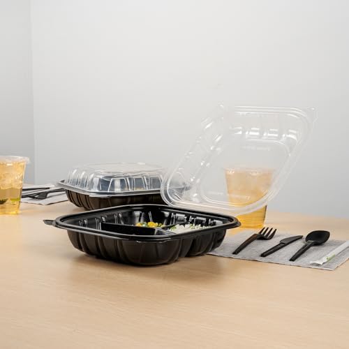 Restaurantware-Thermo Tek 40 Ounce Clamshell Containers, 50 Disposable Take Out Boxes - 3 Compartments, Ventilated Lids, Black Plastic Meal Prep Containers, Microwavable, For Pasta Or Salads - Image 6