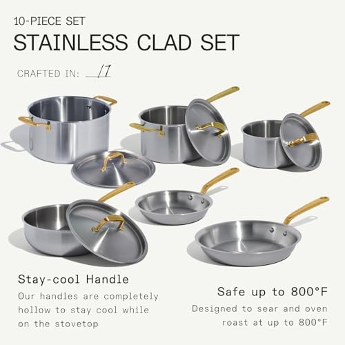 Made In Cookware - 10 Piece Stainless Steel Pot and Pan Set (Antique Brass Handle) - 5 Ply Clad - Includes Stainless Steel Frying Pans, Saucepans, Saucier and Stock Pot W/Lid - Crafted in Italy - Image 6