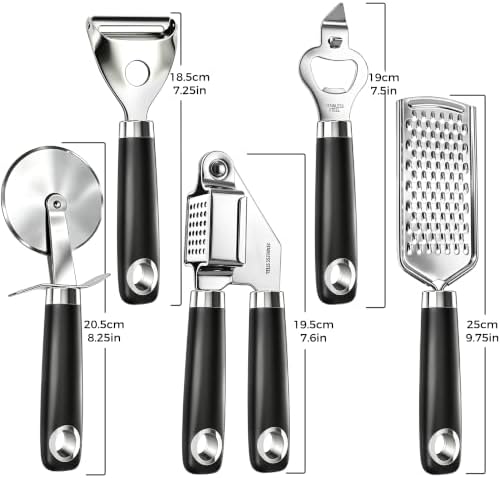 Kitchen 18/0 Stainless Steel Gadgets Utensil Set, Good Grip Utensils, Can Opener, Cheese Grater, Peeler, Pizza Cutter, Garlic Press, 5 Pcs - Image 6