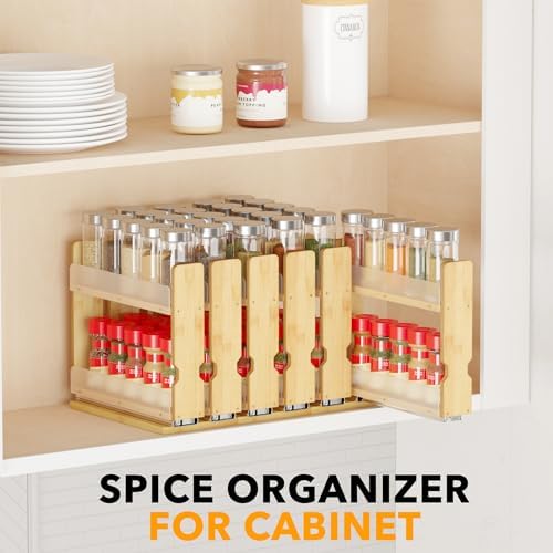 SpaceAid Bamboo Pull Out Spice Rack Organizer for Cabinet, Heavy Duty Slide Out Seasoning Kitchen Pantry Sliding Vertical Organization, 5.1" Wide, 2 Drawers(2" Wide), 2-Tier, Natural - Image 6