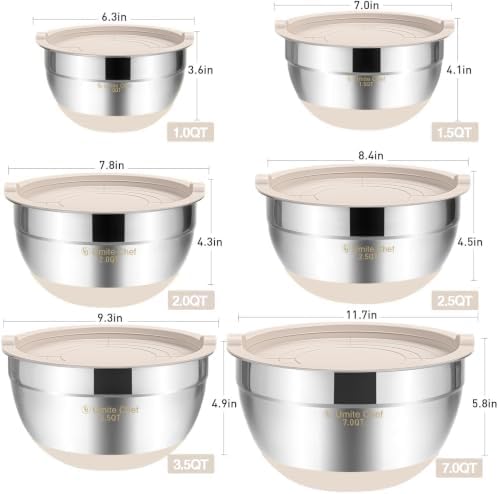 Umite Chef Mixing Bowls with Airtight Lids, 6 piece Stainless Steel Metal Nesting Storage Bowls, Non-Slip Bottoms Size 7, 3.5, 2.5, 2.0,1.5, 1QT, Great for Mixing & Serving (Khaki) - Image 6