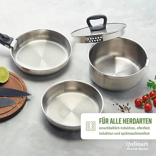 by Brandt 10-Piece Stainless Steel Cookware Set, 3 Pots 16/18/20 cm + 3 Non-Stick Frying Pans 20/24/26 cm + 3 Strainer Lids with Bakelite Handle 16/18/20 cm + 1 Removable Handle - Image 7