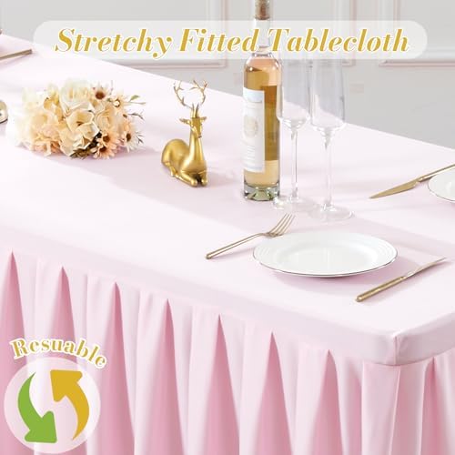 4 Pack Pink Rectangle Tablecloth 6 FT Stretch Spandex Fitted Table Cloth for 6 Foot Rectangle Tables Banquet Tablecloths Wrinkle Free Table Cover Skirt Ruffle Tablecloth for Party Wedding Birthday - Image 7