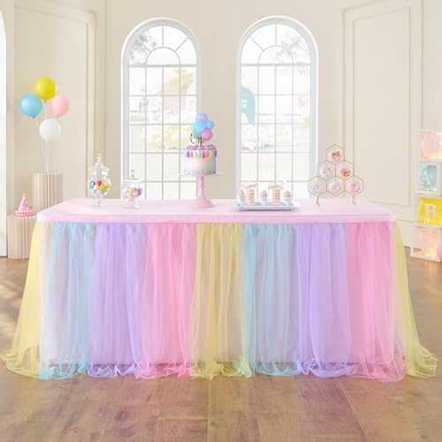 96in Rainbow Tulle Table Skirt for Rectangle Tables 8 ft(Cover Front&Both Sides)-2 Layer Tulle Tutu Cloth Pastel Colorful Table Skirts 8ft for Teacher Tables Wedding Party Cake Dessert Baby Shower by ENJOYYOURPARTY