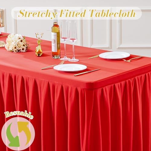 4 Pack Red Rectangle Tablecloth 6 FT Stretch Spandex Fitted Table Cloth for 6 Foot Rectangle Tables Banquet Tablecloths Wrinkle Free Table Cover Skirt Ruffle Tablecloth for Party Wedding Birthday - Image 7