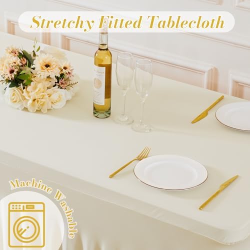 6 Pack Spandex Beige Fitted Table Cloth for 8ft Rectangle Tables Beige Stretch Tablecloth Table Covers Skirt Banquet Wrinkle Free Tablecloths for Parties Wedding - Image 7