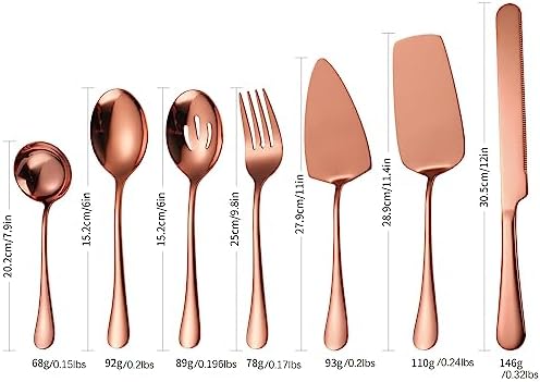 Copper Utensils Serving Set Rose Gold Stainless Steel Flatware Cake Knife Sever Fork Large Spoon Spatula Catering Silverware Complete 7 Pieces for Home Party Buffet - Image 6