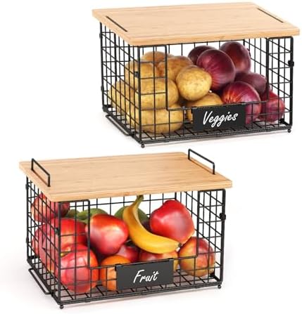 2 Pack Stackable Wire Baskets with Bamboo Top,Pantry Organizers Counter | Potato and Onion Storage Bin with Labels & 2 Pads, Kitchen Organization for Fruit, Vegetable, Produce, Bread, Cabinet - Image 6