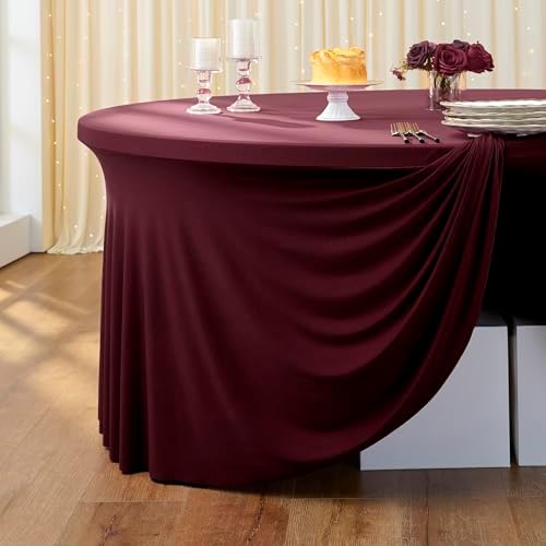 Outpain 6 Pack Spandex Burgundy Round Tablecloths for 60in Tables, 120Inch Stretchy Fitted 5FT Round Table Clothes,Wrinkle Free Table Cover with Skirt for Wedding Party Dining Banquet - Image 6