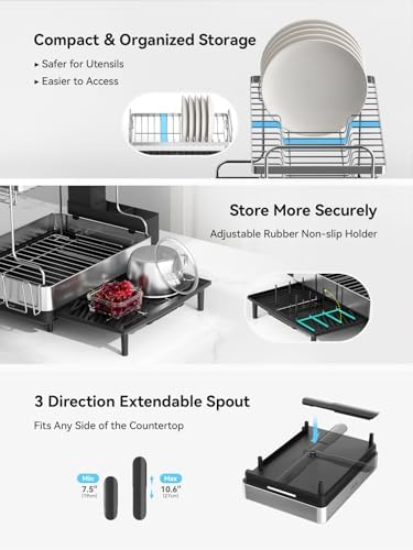 SUNLY 2 Tier Dish Drying Rack, Extra Large Dish Rack, Expandable Dish Racks for Kitchen Counter, Multifunctional Large Dish Drainers for Kitchen Counter, Black - Image 6