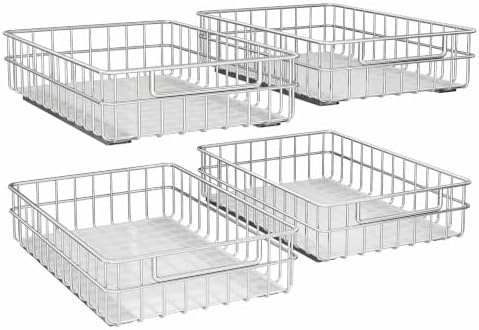 Pull out Cabinet Organizer, Stainless Steel 4-Pack (13.8"W x 21"D) Full-Extension Slide out Drawer, Adhesive Roll out Can Spice Storage Basket Shelf Rack for Pantry, Kitchen, Bathroom, Home Closet by Kitstorack