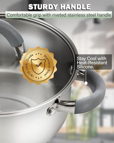 Cook N Home Basics 3 Quart Stainless Steel Stock Pot with Lid, Cooking Pot for Pasta, Soup, Stay-Cool Silicone Handle, Stockpot with Even Heating, Oven Safe, Cookware for Canning, Boiling, Simmer - Image 6