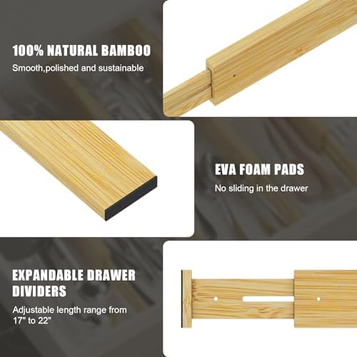 Bamboo Drawer Dividers, Adjustable Drawer Organizers, Fits 17.6–21" Drawers | 2.5" High, 8 Pack Expandable Drawer Separators for Kitchen, Nursery, Dressers & Office Storage, Natural - Image 7