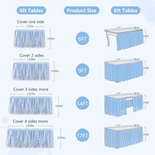 PARTISKY Blue Tulle Tutu Table Skirt for Rectangle Tables or Round Tables,Led Light String Table Cloth for Boys Girls Baby Shower Baby Shark Themed Party Dessert/Cake Tables - Image 6