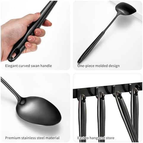 304 Stainless Steel Cooking Utensils,6 Pcs Kitchen Cooking Utensils Set with Spatula, Solid Spoon, Ladle, Skimmer, Spaghetti Spoon,Dishwasher Safe(Black) - Image 6