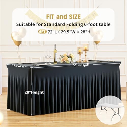 6 Pack 6ft Black Spandex Table Cloths for Rectangle Tables Wrinkle Free Black Rectangle Tablecloths, Stretch Fitted Table Cover with Skirt for Wedding Birthday Party Banquet Baby Shower Buffet Event - Image 6