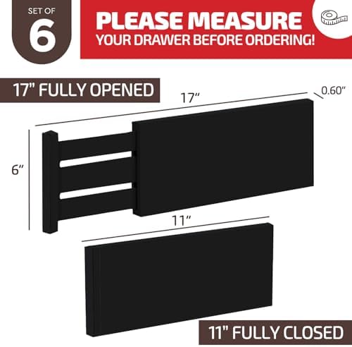 6 Pack Black Drawer Dividers - 6 Inch High for Deep Drawers, Adjustable 11.5 to 17 Inch Expandable Kitchen Drawer Organizer, Spring Loaded Dresser Separator for Clothes, Bedroom, Bathroom, Office - Image 7