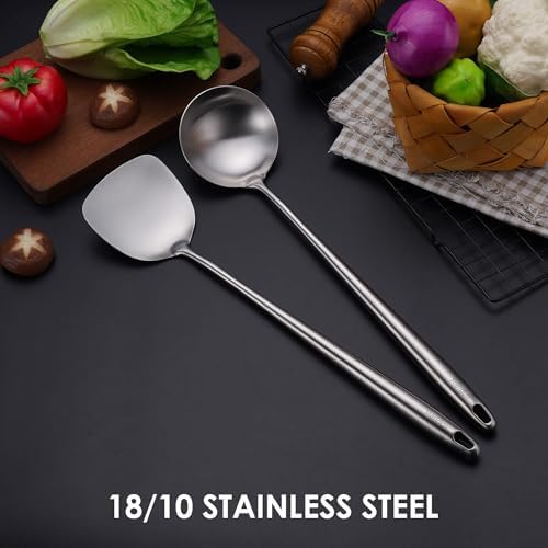 17″ Wok Spatula and Ladle - 304 Stainless Steel Wok Tools Set | 2-Pieces Extra Long Handle Cooking Tools, All Metal Wok Utensils and Wok Accessories for Cast Iron/Carbon Steel Wok - Image 6