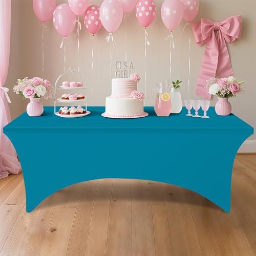 Smiry 2 Pack Spandex Table Cloth 6FT, Elastic Fitted Teal Tablecloth - Image 6
