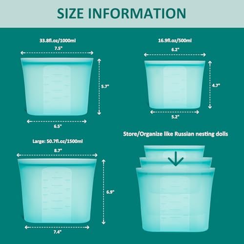 8-Pack Reusable Silicone Food Storage Bags, 100% Silicone Stand-Up Wide-Open Zip-Lock Reusable Storage Bags for Food, Freezer Microwave Oven Dishwasher Safe, Aqua, 4M 2S 2XS - Image 6