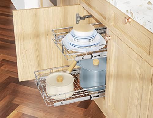 LOVMOR Individual Pull Out Cabinet Organizer, 2 Tier Slide Out Cabinet Drawers, Pots and Pans Organizer and Storage Pantry Shelf for Kitchen (14" W x 21" D) - Image 6