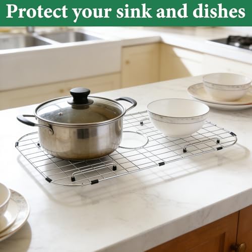 GUUKIN Sink Protectors for Kitchen Sink, 26" x 14" Stainless Steel Sink Protector with Rear Drain Hole, Sink Rack with Extra Replacement White Rubber Feet - Image 7