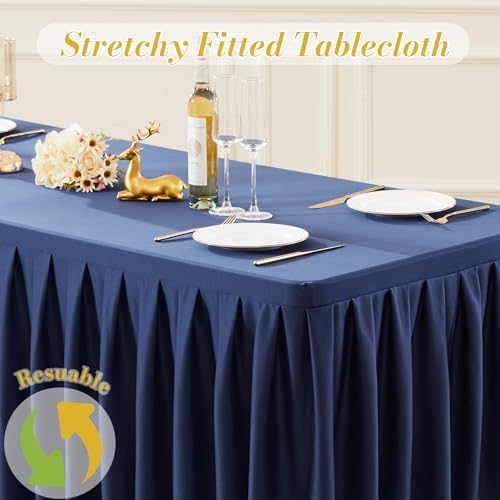 8 Pack Navy Blue Rectangle Tablecloth 8 FT Stretch Spandex Fitted Table Cloth for 8 Foot Rectangle Tables Banquet Tablecloths Wrinkle Free Table Cover Skirt Ruffle Tablecloth for Party Wedding - Image 7