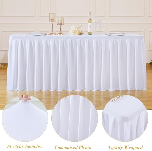 4 Pack White Rectangle Tablecloth 8 FT Stretch Spandex Fitted Table Cloth for 8 Foot Rectangle Tables Banquet Tablecloths Wrinkle Free Table Cover Skirt Ruffle Tablecloth for Party Wedding Birthday - Image 7