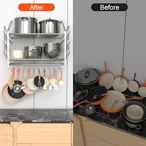 VyGrow 28 Inch Pot Rack Wall Mounted, 2 Tier Pots and Pans Organizer with 20 Hooks and 6 Pot Lid Holders, Heavy Duty Steel Pot and Pan Hanger for Kitchen Cookware Utensils Storage, Silver - Image 7
