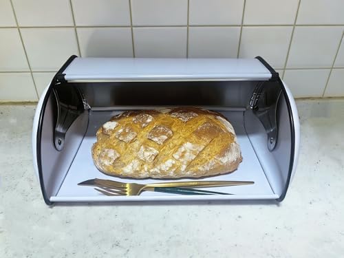 Metal Bread Box for Kitchen Countertop, White Roll Top Bread Bin - Image 7