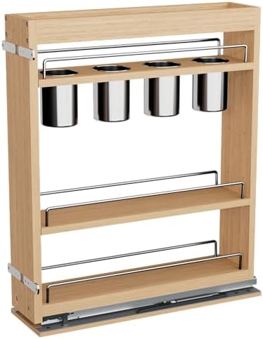 DINDON Pull Out Spice Rack Cabinet Organizer, (5" W x 21.9" D x 25.2" H) Multi-Use Soild Wood Pull Out Cabinet Organizer With 4 Movable Stainless Steel Cutlery Storage Buckets for Kitchen Organization - Image 7