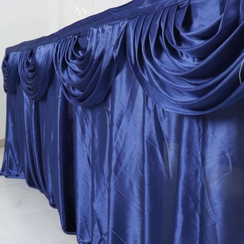 Efavormart Navy Blue Satin Double Drape Table Skirt for Kitchen Dining Catering Wedding Birthday Party Decorations Events 14ft - Image 7