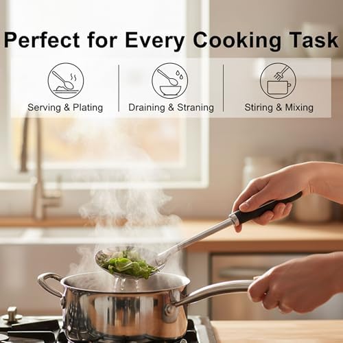 Stainless Steel Cooking Utensils Set with Ergonomic Handles.5-Piece | Includes a ladle, pasta server, turner, serving spoon and slotted spoon for versatile meal preparation. - Image 6