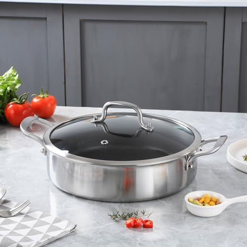 YEKSUM Tri-Ply Stainless Steel 6 Quarts Saute Pan, 12 Inch Nonstick Skillet with lids, Hybird Large Frying Pan,18/10 Chef's Cooking Pan, Induction Pan 12"", Dishwasher and Oven Safe, Silver - Image 6