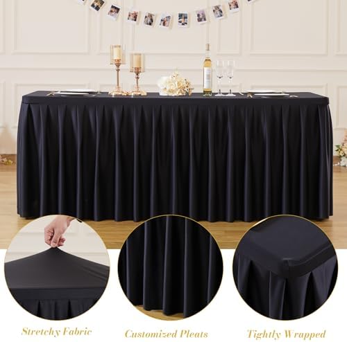 2 Pack Black Rectangle Tablecloth 8 FT Stretch Spandex Fitted Table Cloth for 8 Foot Rectangle Tables Banquet Tablecloths Wrinkle Free Table Cover Skirt Ruffle Tablecloth for Party Wedding Birthday - Image 7