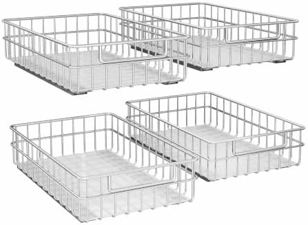 Pull out Cabinet Organizer, Stainless Steel 4-Pack (11.8"W x 21"D) Full-Extension Slide out Drawer, Adhesive Roll out Can Spice Storage Basket Shelf Rack for Pantry, Kitchen, Bathroom, Home Closet by Kitstorack