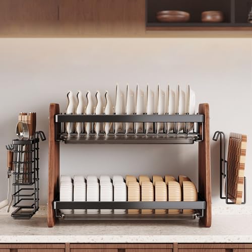 Modern Wooden 2-Tier Dish Drying Rack,Stainless Steel Dish Drainer,Saving Kitchen Space,with Removable Cutlery Holder,with Utensils Flatware Holder Set - Image 7