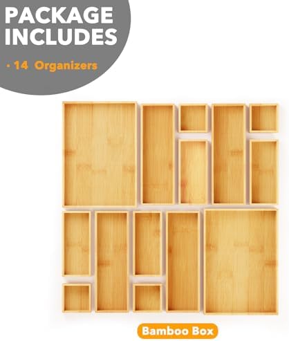 SpaceAid 14-Piece Bamboo Drawer Organizer Storage Boxes Set, Wood Tray Junk Drawer Organizers Multi-Use Divider Bins for Kitchen, Bathroom, Office Desk and Makeup Organization (14 Pack, Natural) - Image 6