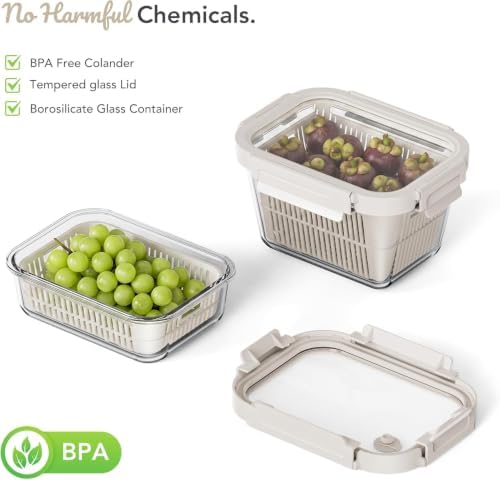 GENICOOK Glass Fruit Storage Containers for Fridge, 2 Pack Produce Containers with Removable Colanders & Vent Glass Lids, Airtight Fruit & Vegetable Storage, BPA Free Borosilicate Glass - Image 6
