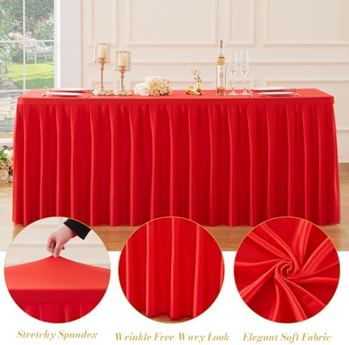 8 Pack Red Rectangle Tablecloth 6 FT Stretch Spandex Fitted Table Cloth for 6 Foot Rectangle Tables Banquet Tablecloths Wrinkle Free Table Cover Skirt Ruffle Tablecloth for Party Wedding Birthday - Image 7