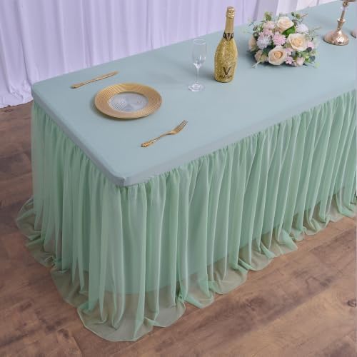 2pack Grayish Green Tulle Tablecloth for 8 Foot Rectangular Tables, 2-in-1 Elastic Stretch Spandex Cover with Tutu Ruffle Skirt, Wrinkle Free for Wedding, Birthday, Banquet, Buffet, Bridal Shower - Image 6