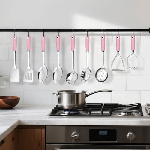 18/0 Stainless Steel Cooking Utensils Set, Heavy Duty Pink Handle for Kitchen Daily Use Party Wedding Housewarming, Dishwasher Safe, 9 Pieces - Image 6