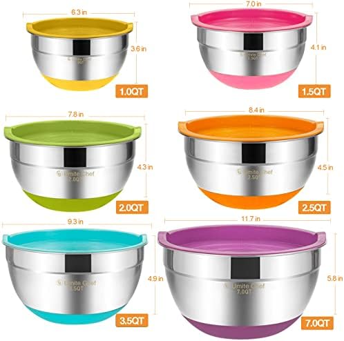 Umite Chef Mixing Bowls with Airtight Lids, 6 Piece Stainless Steel Metal Bowls, Measurement Marks & Colorful Non-Slip Bottoms Size 7, 3.5, 2.5, 2.0,1.5, 1QT, Great for Mixing & Serving - Image 6