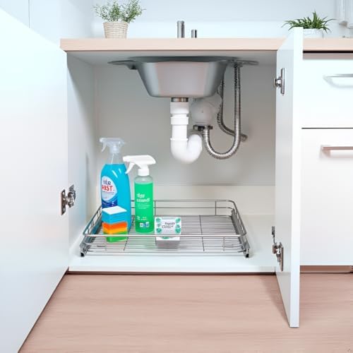 JOWBOOW Pull Out Shelves For Kitchen Cabinets 11" W x 21" D, Chrome | Heavy-Gauge Wire Kitchen Cabinet Organizer, 100 lbs Capacity, Ball-Bearing Glides, Min 12" Opening, Under Sink Organizer - Image 6