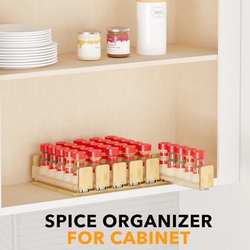 SpaceAid Bamboo Pull Out Spice Rack Organizer for Cabinet, Heavy Duty Slide Out Seasoning Kitchen Pantry Sliding Vertical Organization, 5.1" Wide, 2 Drawers(2" Wide), 1-Tier, Natural - Image 6